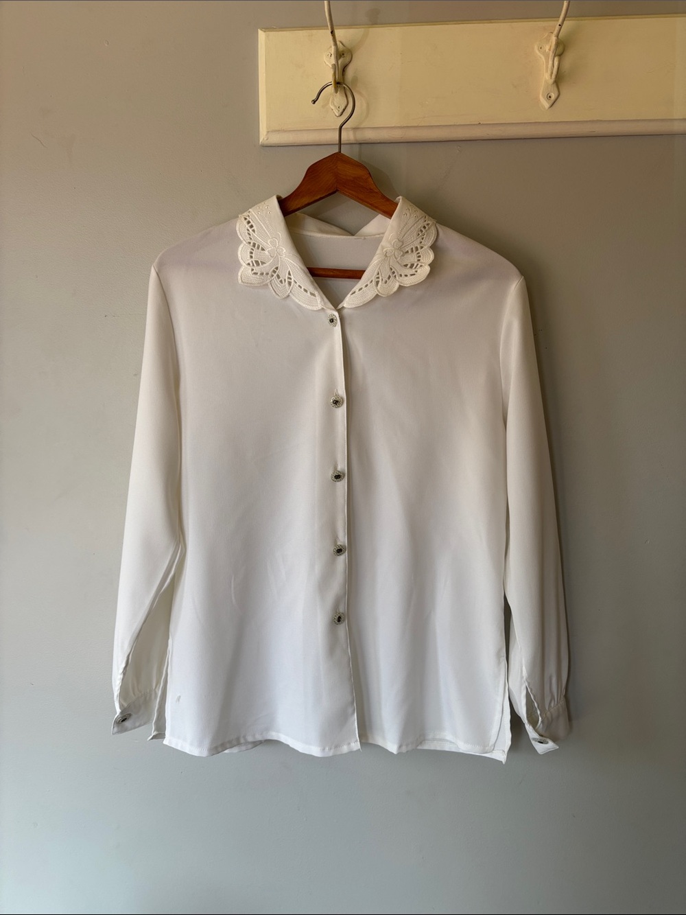 Vintage Scalloped Lace Collar White Button Down Blouse Top Medium Large
